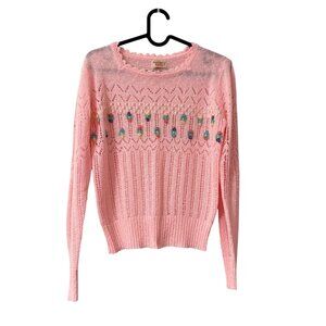 Vintage Country Craft Pink Embroidered Cottagecore Sweater Womens Size Medium